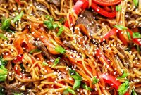 Garlic Sesame Noodles with Marinated Steak