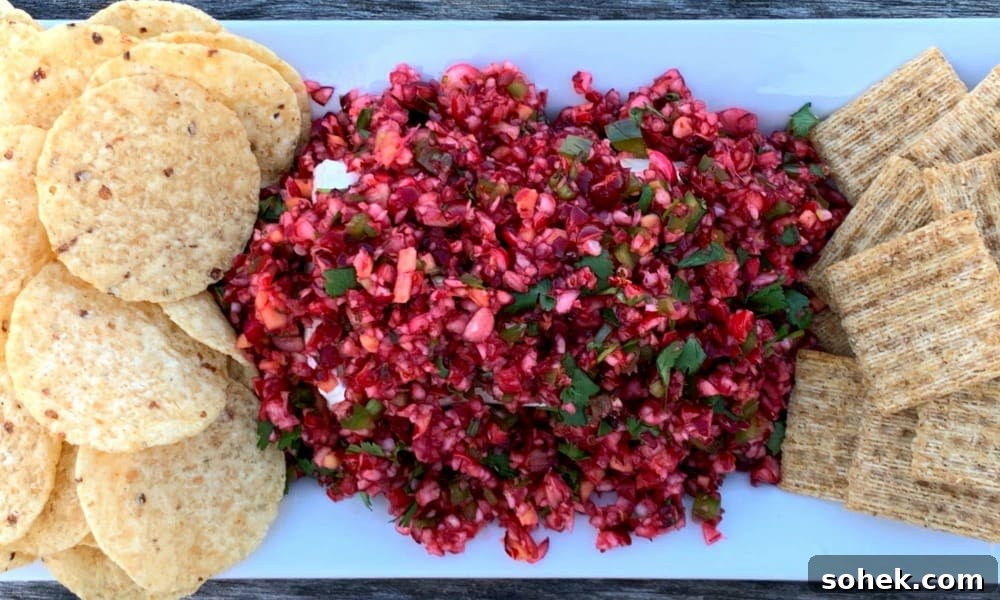 Zesty Cranberry Jalapeño Salsa Recipe for Holiday Parties 3 Platter of cranberry jalapeno and cilantro salsa with chips and crackers for dipping