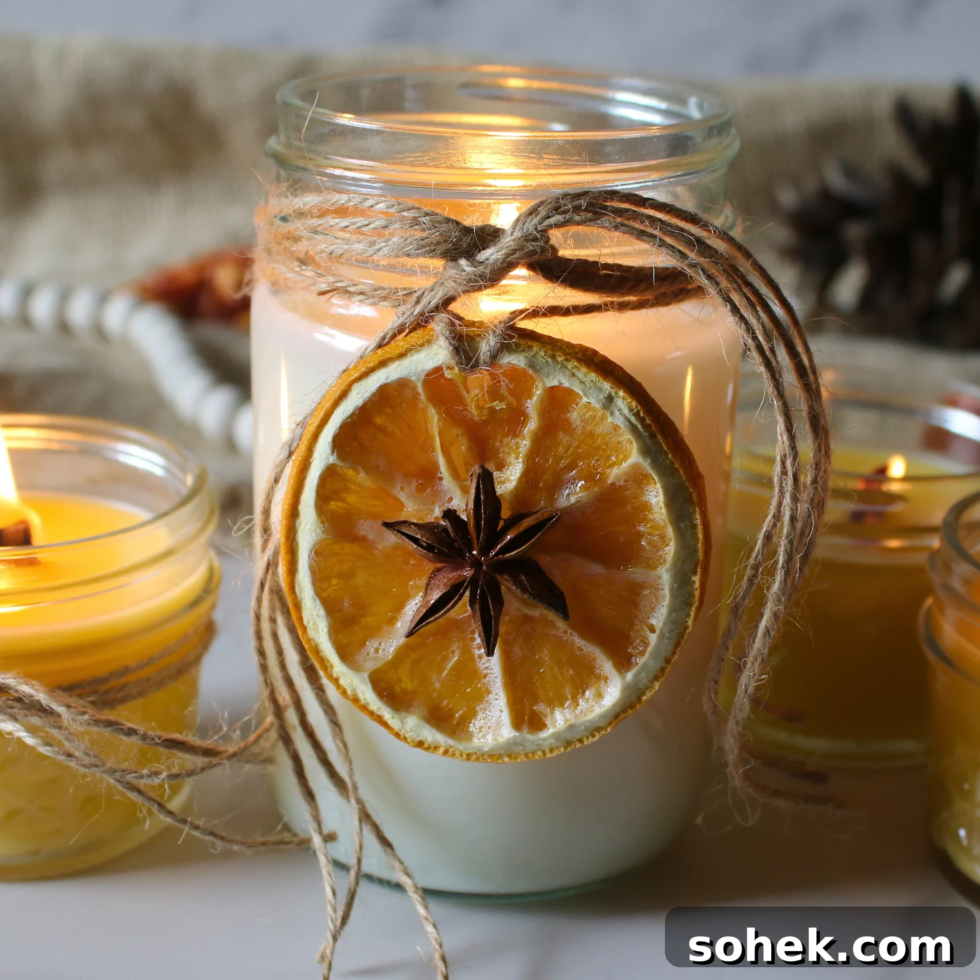 Homemade mason jar candles decorated with twine and dried orange slices.
