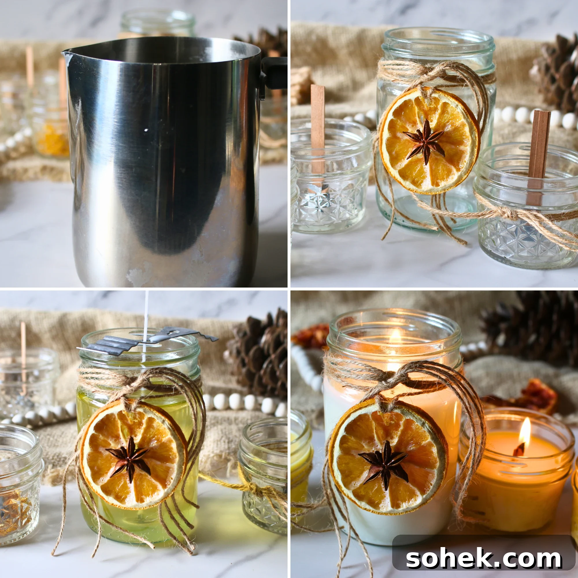 Wax melted in a warming pot and poured into mason jars.