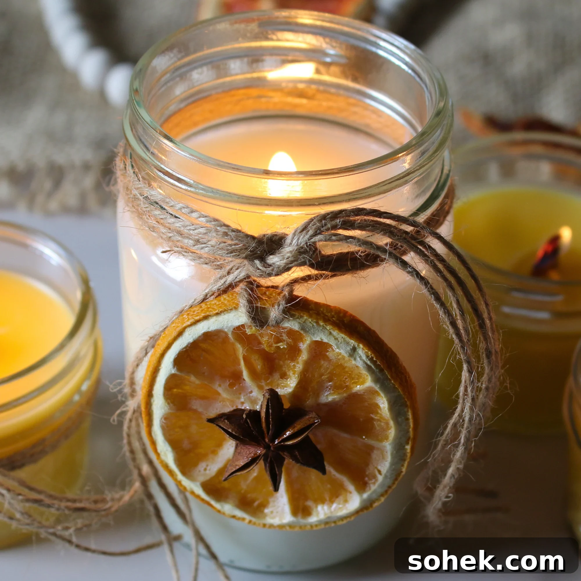 Mason jar candles decorated with twin and lit.