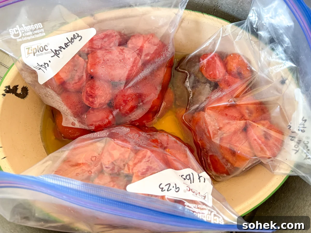 Canned Pizza Sauce from Fresh or Frozen Tomatoes — Simple Recipe 4 thawing bags of frozen tomatoes in enamel bowl