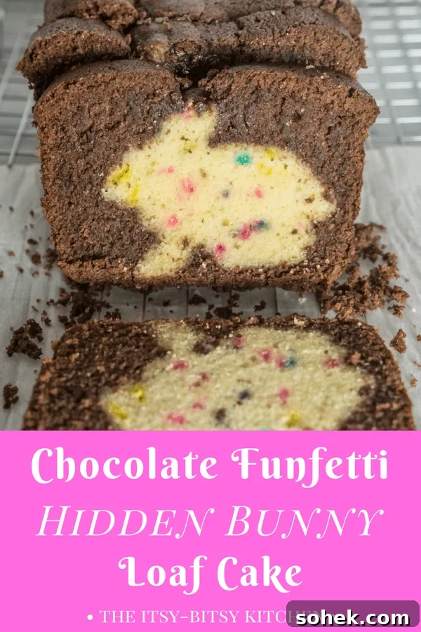 pinterest image for chocolate funfetti hidden bunny cake with text overlay