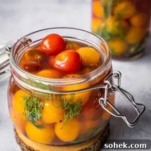 Cherry tomatoes with dill and garlic in a pickling jar.