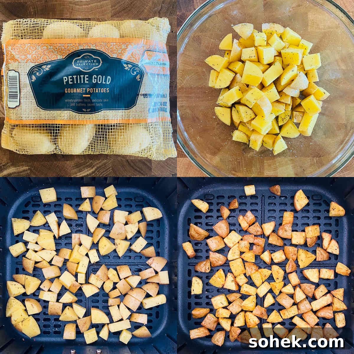 Crispy Air Fryer Diced Potatoes Recipe 4 process shots 1 through 4 to make diced potatoes in air fryer
