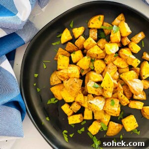 Crispy Air Fryer Diced Potatoes Recipe 7 air fryer diced potatoes on a plate with parsley garnish