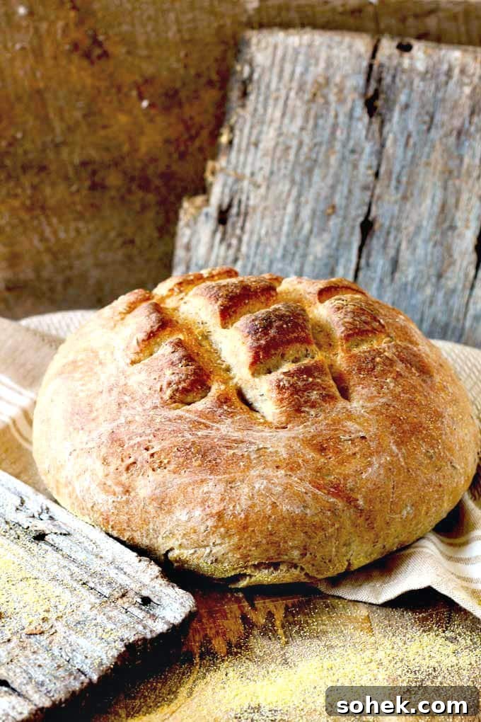 Farmer-Style German Bauernbrot: Rustic Traditional Rye Bread Recipe 4 A loaf of Bauernbrot on a wooden surface.