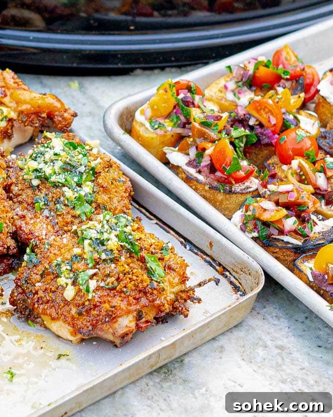 Juicy Grilled Italian Chicken Thighs with Herb Marinade 4 Italian chicken thighs and goat cheese bruschetta on baking sheets