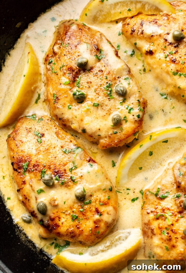 Classic Chicken Piccata Recipe – Tangy Lemon Capers Guide 2 close-up of chicken piccata in a cast iron skillet
