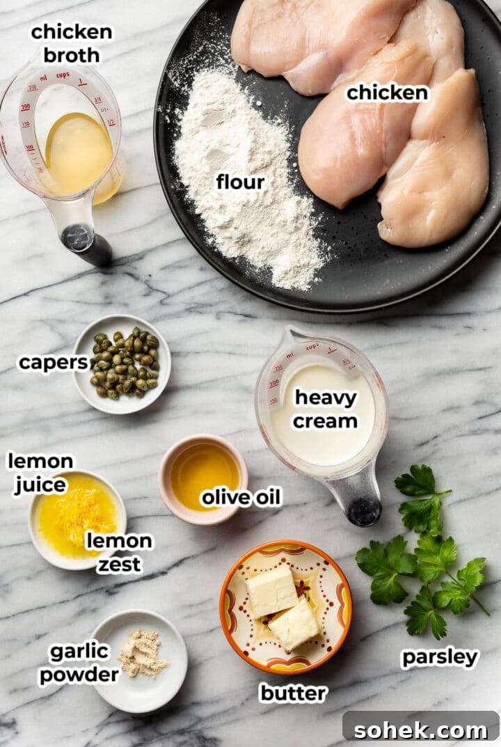 Classic Chicken Piccata Recipe – Tangy Lemon Capers Guide 3 ingredients in small bowls on a marble surface for chicken piccata