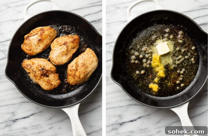 Classic Chicken Piccata Recipe – Tangy Lemon Capers Guide 4 pan frying chicken and then sauteing aromatics for the chicken piccata sauce in a skillet
