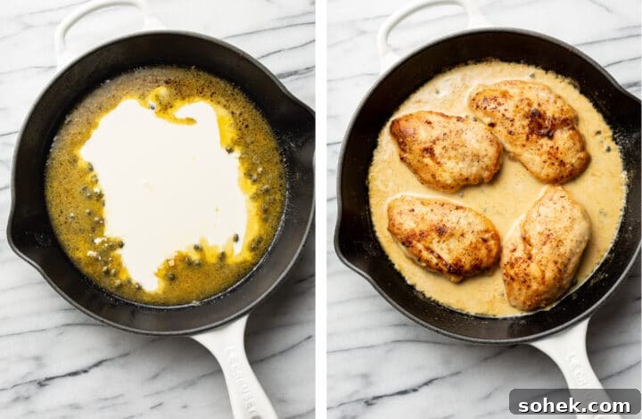 Classic Chicken Piccata Recipe – Tangy Lemon Capers Guide 5 adding cream to the sauce in a skillet and then putting the chicken back in