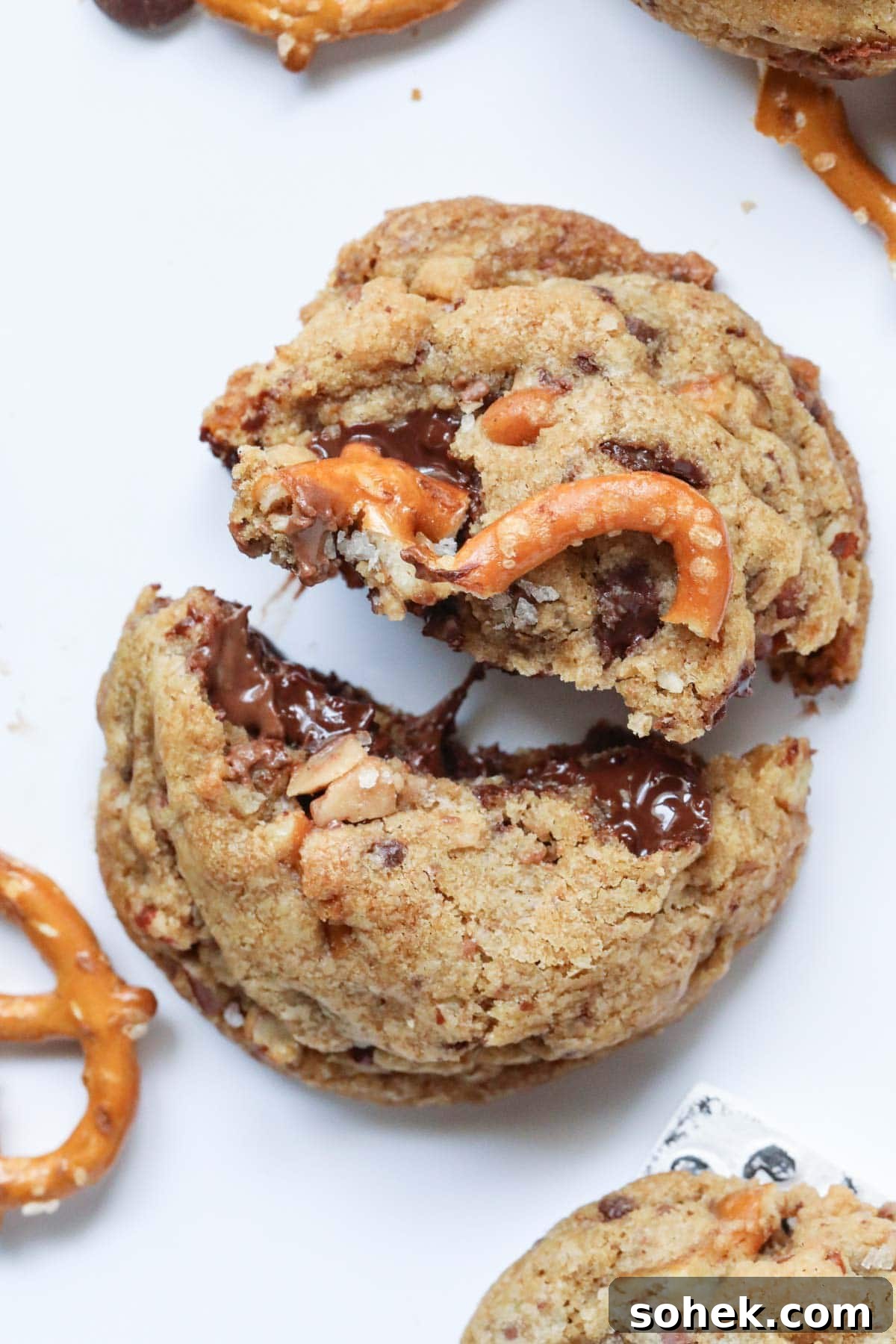Ultimate Kitchen Sink Cookies Recipe: Loaded Chocolate Chip Bars 7 kitchen sink cookie broken open on a white surface.
