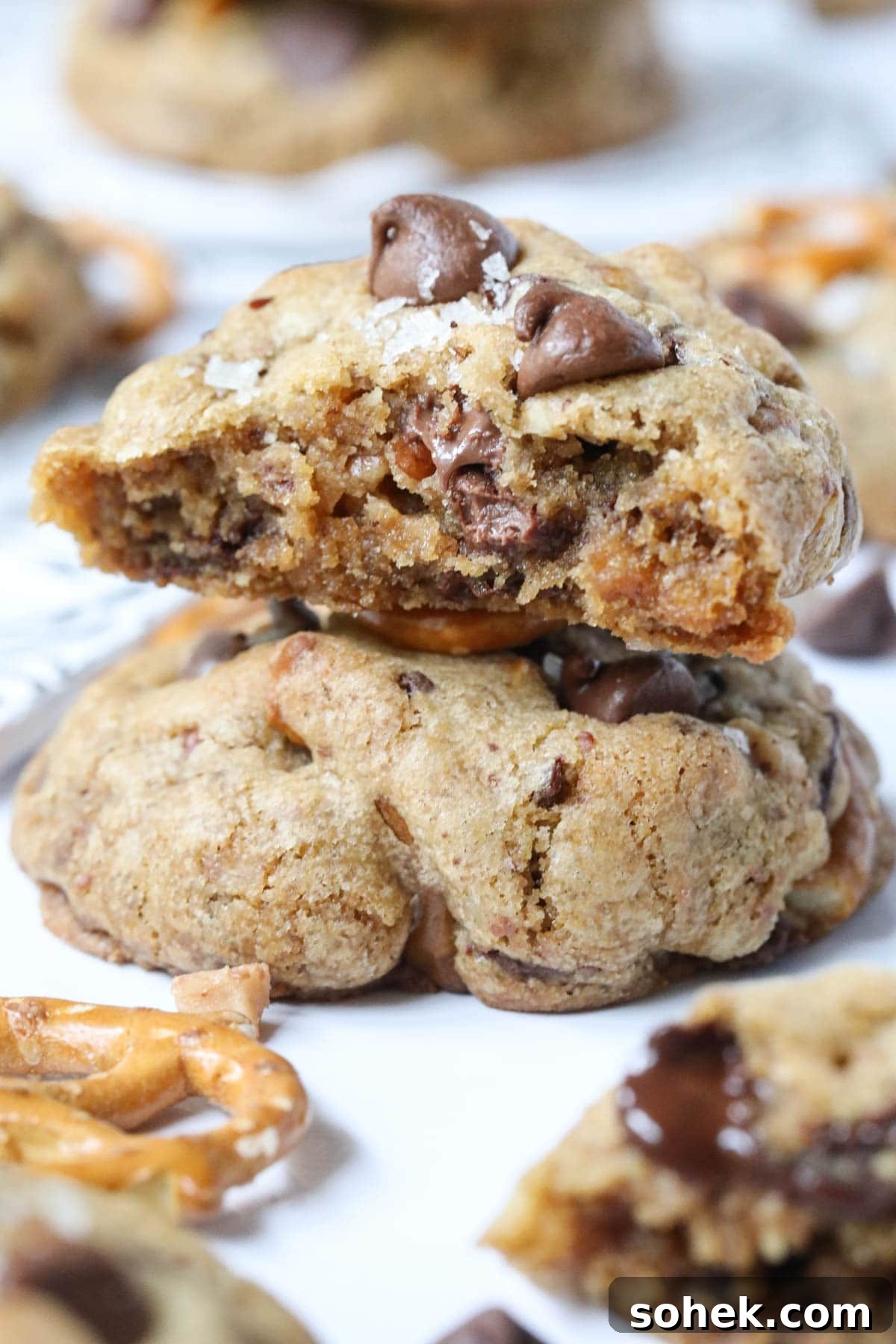 Ultimate Kitchen Sink Cookies Recipe: Loaded Chocolate Chip Bars 9 kitchen sink cookie broken open on a white surface.