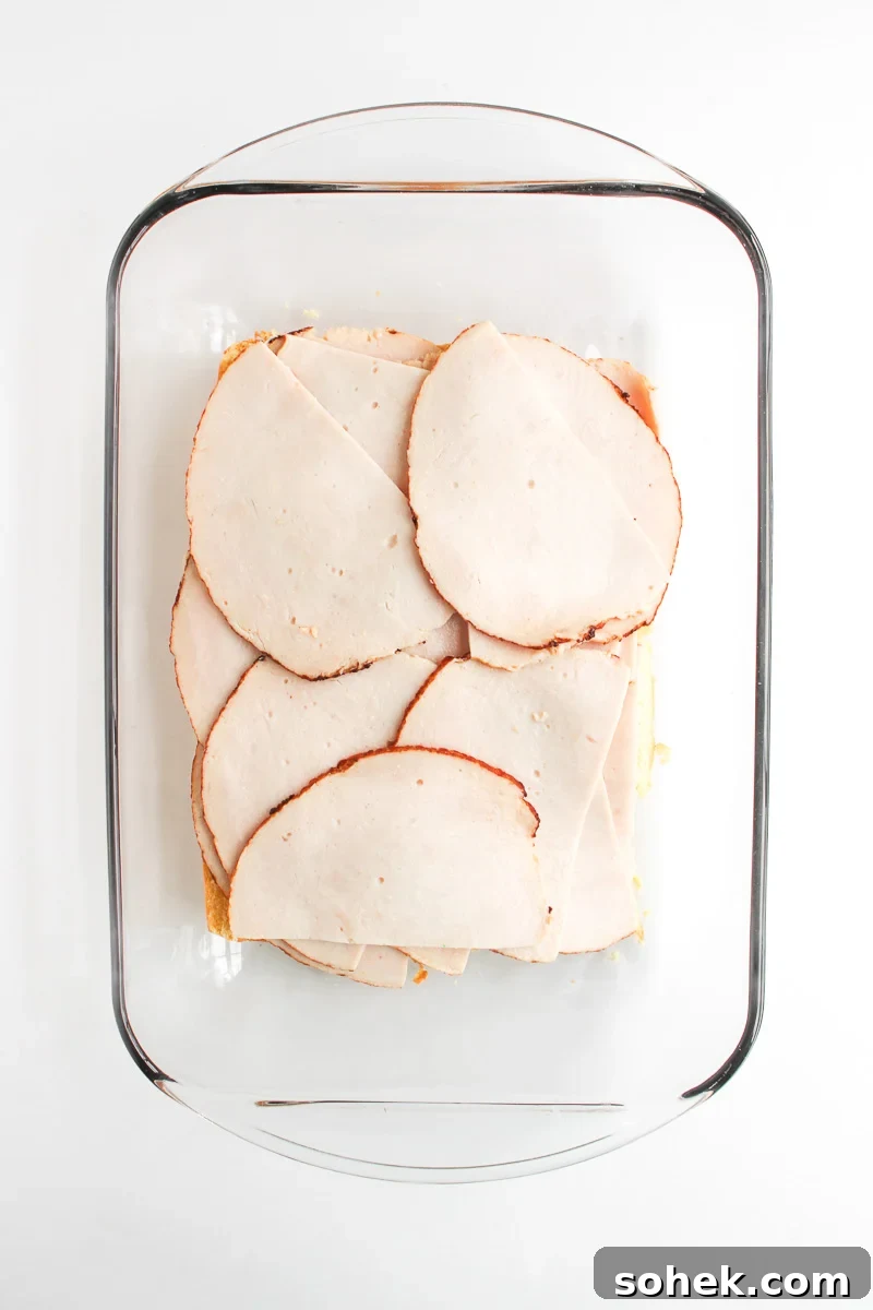 Turkey slices are placed on top of mayonnaise.