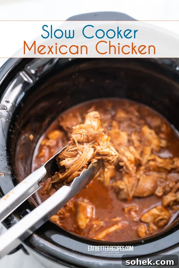 Slow Cooker Mexican Chicken Recipe | EatBetterRecipes.com Slow Cooker Mexican Chicken in a slow cooker with a tong