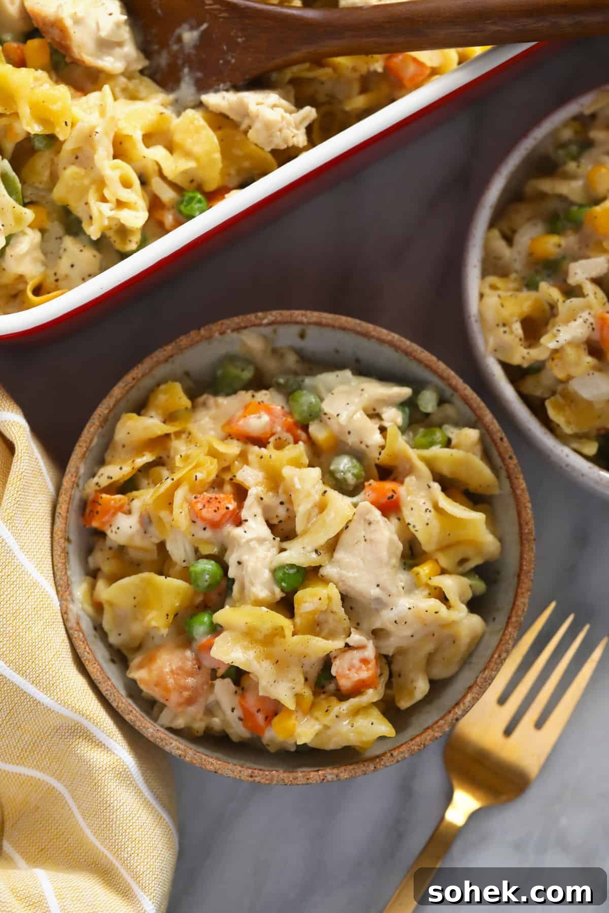 Creamy Cheddar Chicken Noodle Casserole Recipe 3 Creamy chicken noodle soup in a bowl.