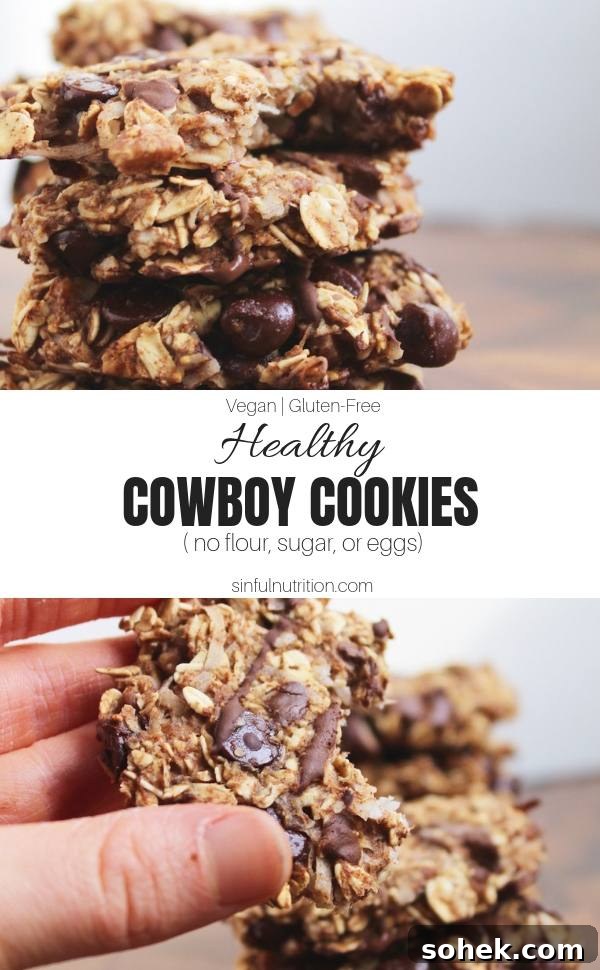 Vegan Gluten-Free Cowboy Cookies — Chewy Oat & Chocolate Chip 6 Healthy Cowboy Cookies Recipe (Vegan, Gluten-Free) -- A healthy dessert made with only 9 ingredients, with no added oils, sugars, flours, or eggs! | @sinfulnutrition | #sinfulnutrition | #healthycookies | #nosugarcookies | #healthycookierecipe