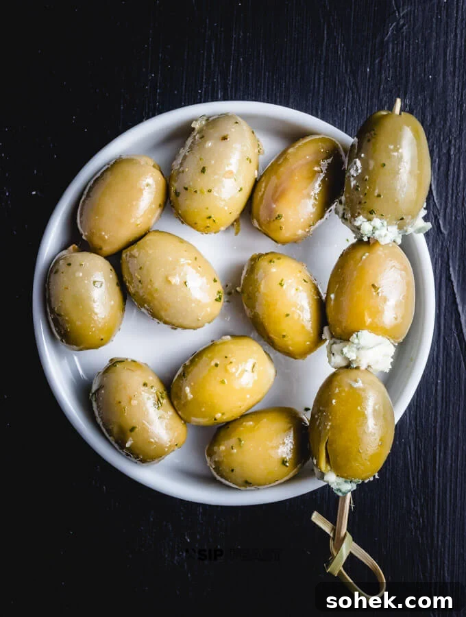 Blue cheese olives in a dish.
