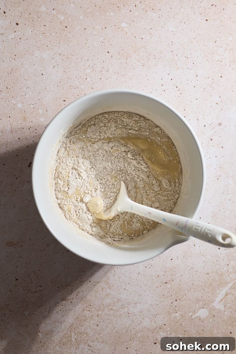Sourdough Discard Carrot Cake Recipe for Moist, Flavorful Loaf 7 Dry ingredients being mixed into the wet ingredients in a white bowl.