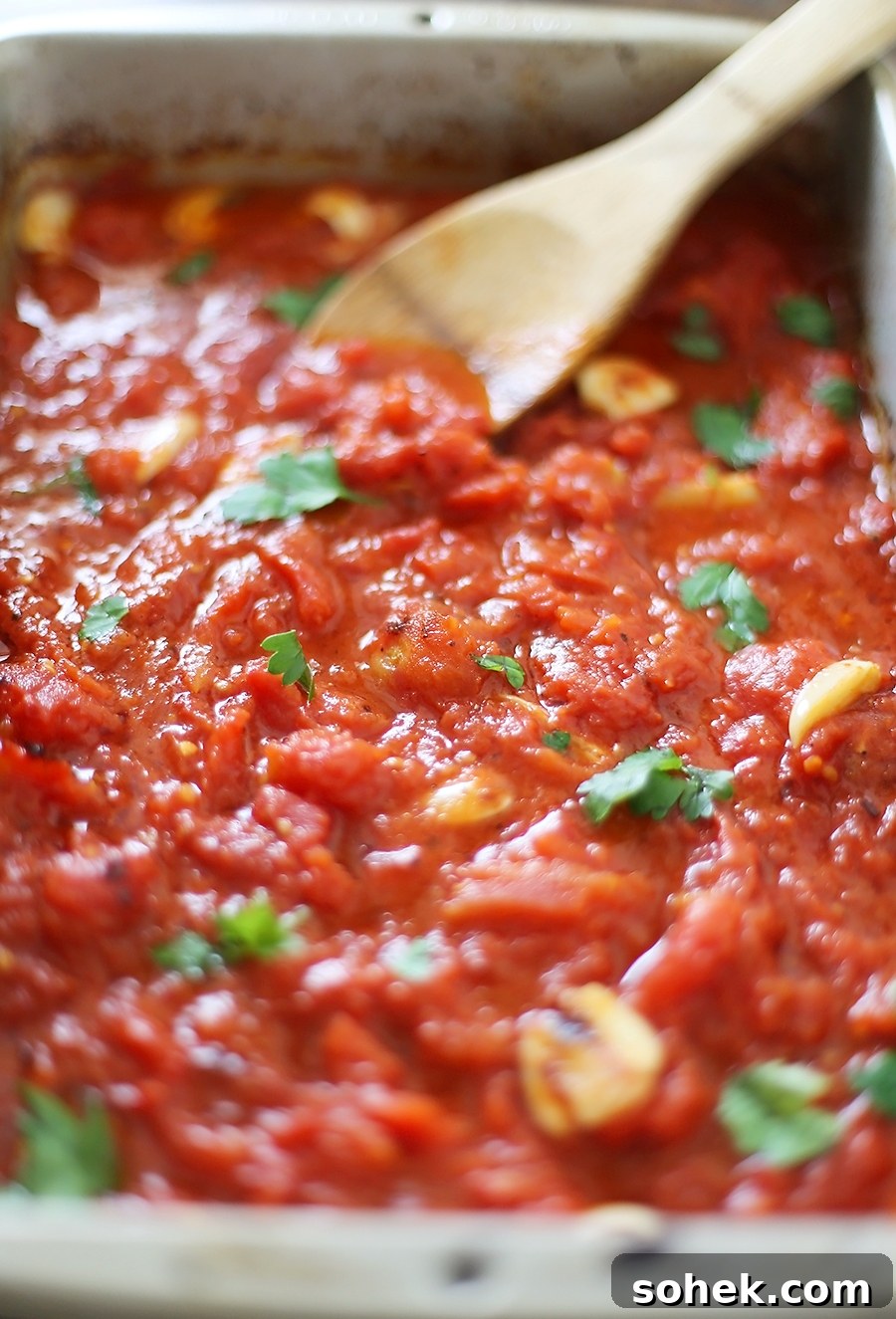 Roasted tomato sauce served with pasta