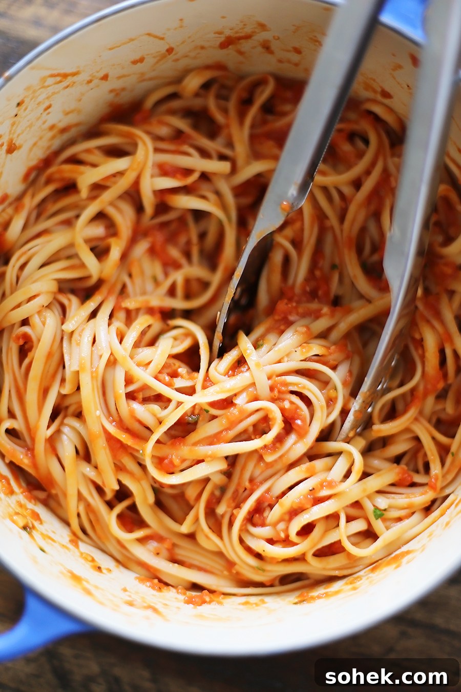 Finished butter roasted tomato sauce with linguine