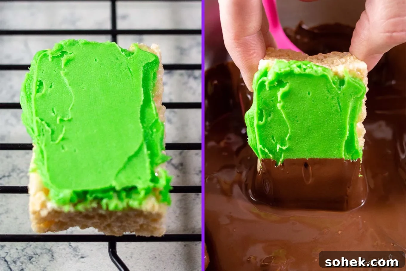Frankenstein Rice Cereal Treats with Creepy Candy Eyes 2 A collage with a green frosted crispy cereal treat on the left, and the same treat being dipped in chocolate on the right