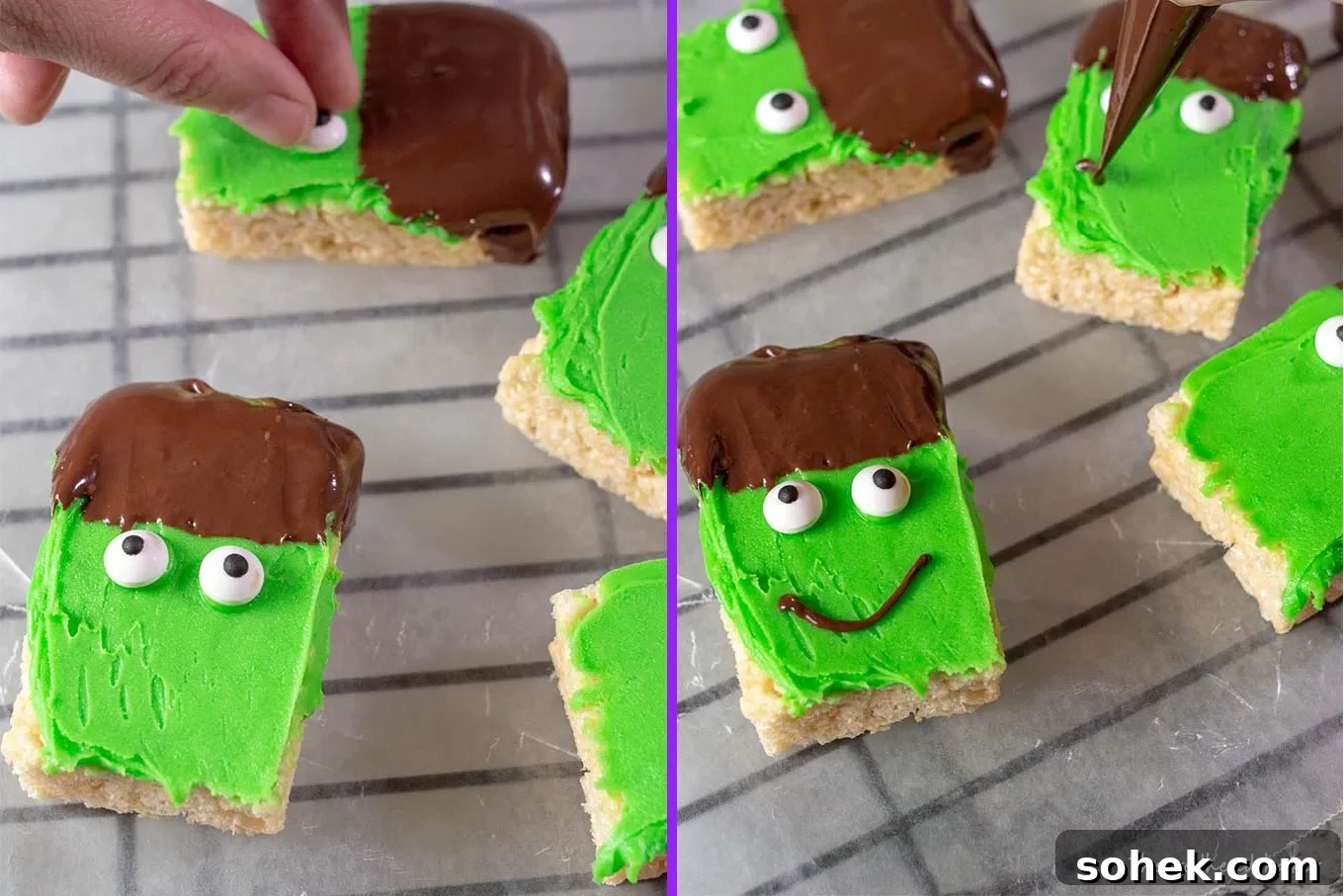 Frankenstein Rice Cereal Treats with Creepy Candy Eyes 3 A collage with candy eyes being applied to the Frankenstein crispy cereal treats on the left, and mouths being drawn on the cereal treats in chocolate on the right