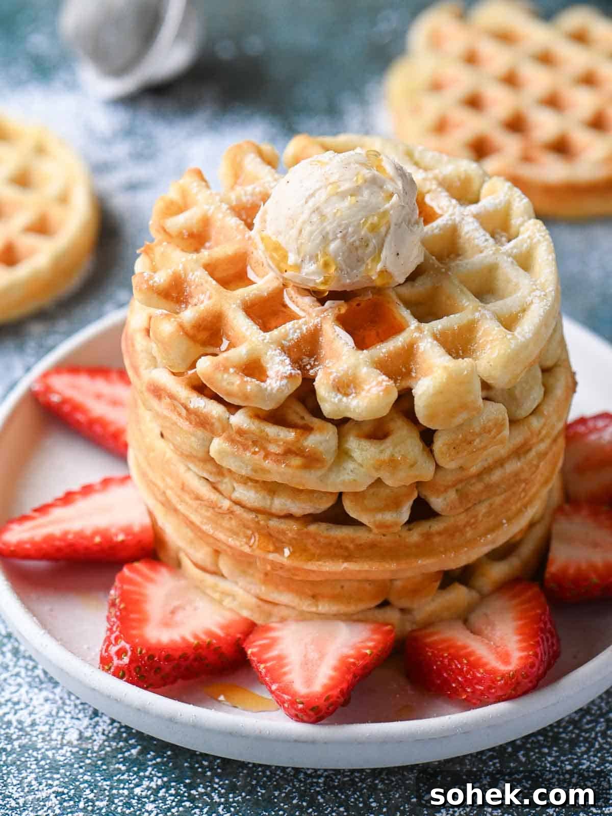 Mini Toaster Waffles: Quick Crispy Breakfast Bites 2 A stack of waffles with butter and powdered sugar on a blue surface.