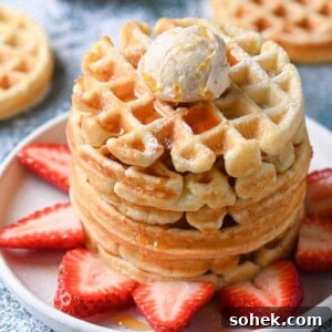 Mini Toaster Waffles: Quick Crispy Breakfast Bites 14 A stack of waffles on a white plate with strawberries.