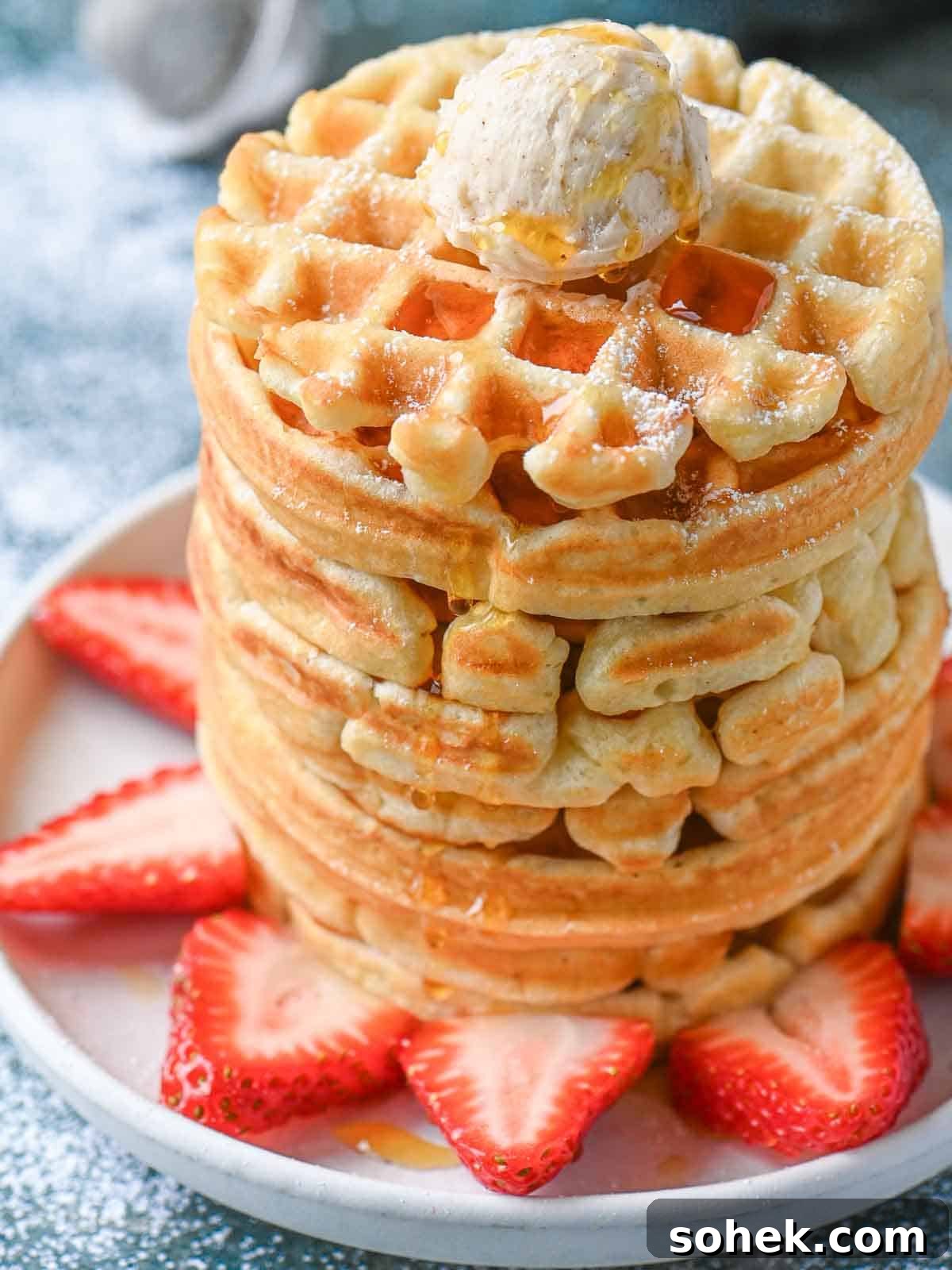 Mini Toaster Waffles: Quick Crispy Breakfast Bites 8 A tall stack of waffles with butter and strawberries.