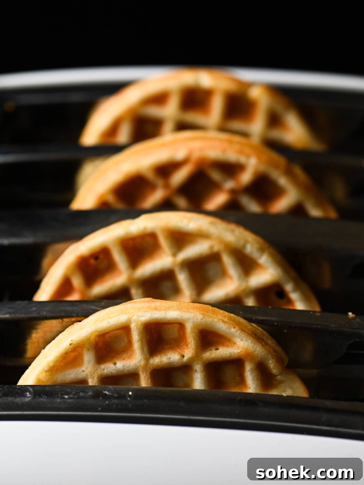 Mini Toaster Waffles: Quick Crispy Breakfast Bites 9 Four waffles in a toaster.