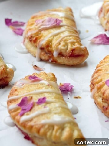 Strawberry mini pies on white parchment with strawberry jam in the background.