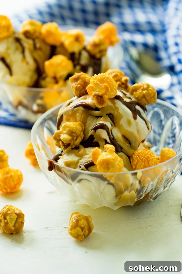 Homemade hot fudge and butterscotch sauces for popcorn sundaes Ice cream sundae with homemade hot fudge sauce, homemade butterscotch sauce and chicago mix popcorn