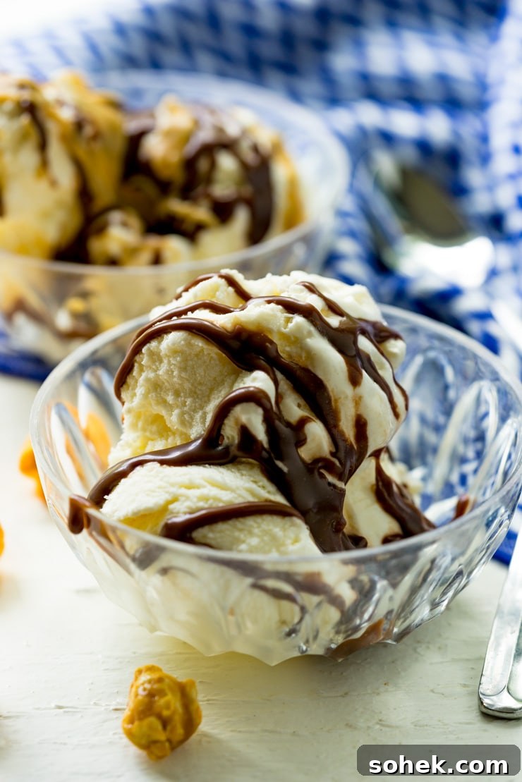 Hot fudge and butterscotch sauces on ice cream Ice cream sundae with homemade hot fudge sauce and butterscotch sauce