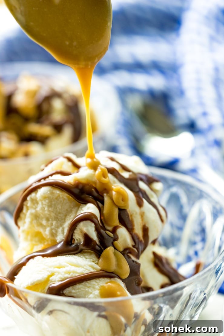Butterscotch and hot fudge on ice cream Homemade hot fudge sauce and homemade butterscotch sauce on vanilla ice cream
