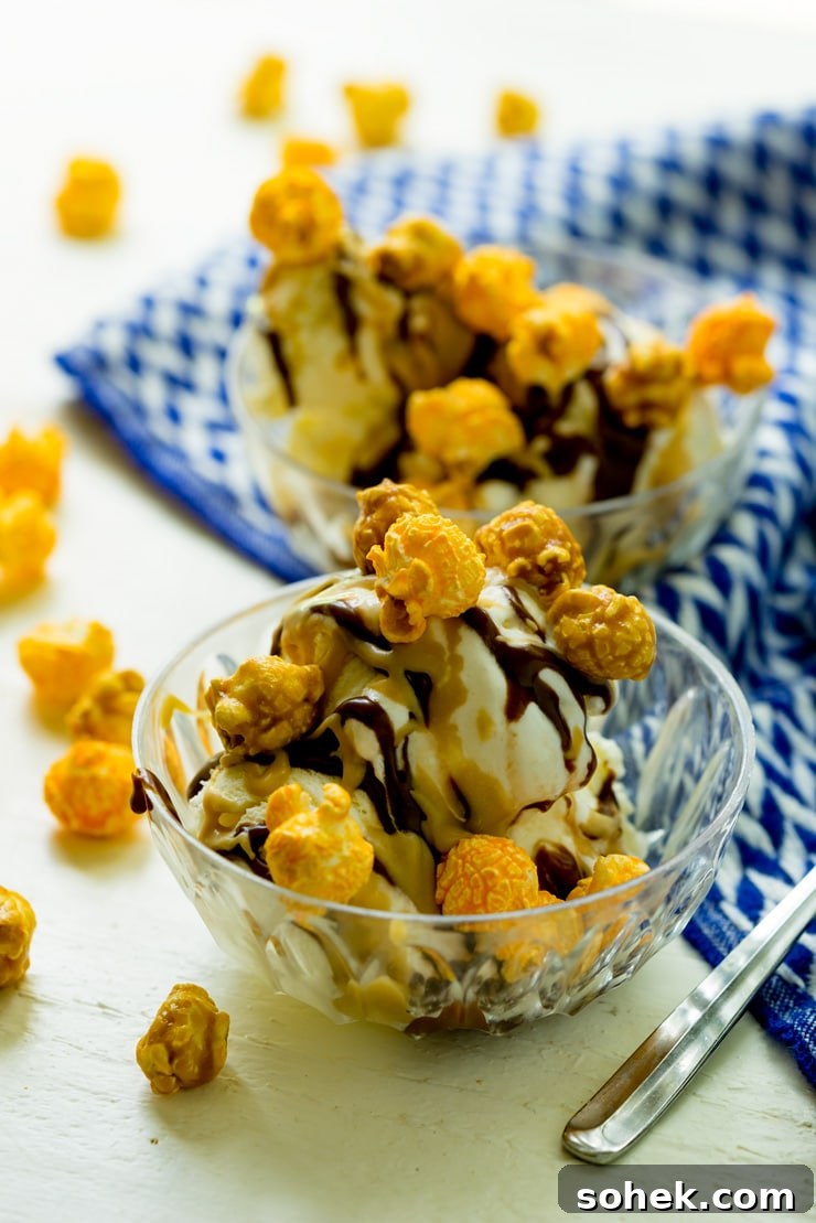 Sweet and salty popcorn sundae Ice cream sundae with homemade hot fudge sauce, homemade butterscotch sauce and chicago mix popcorn