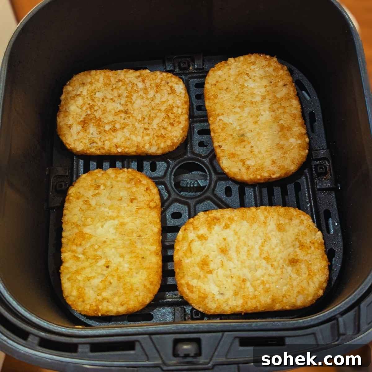 Crispy Air Fryer Hash Brown Patties Recipe 4 Hash brown patties in air fryer basket for air frying