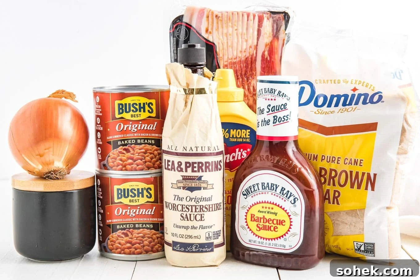 Ingredients to make bbq baked beans recipe on the table.