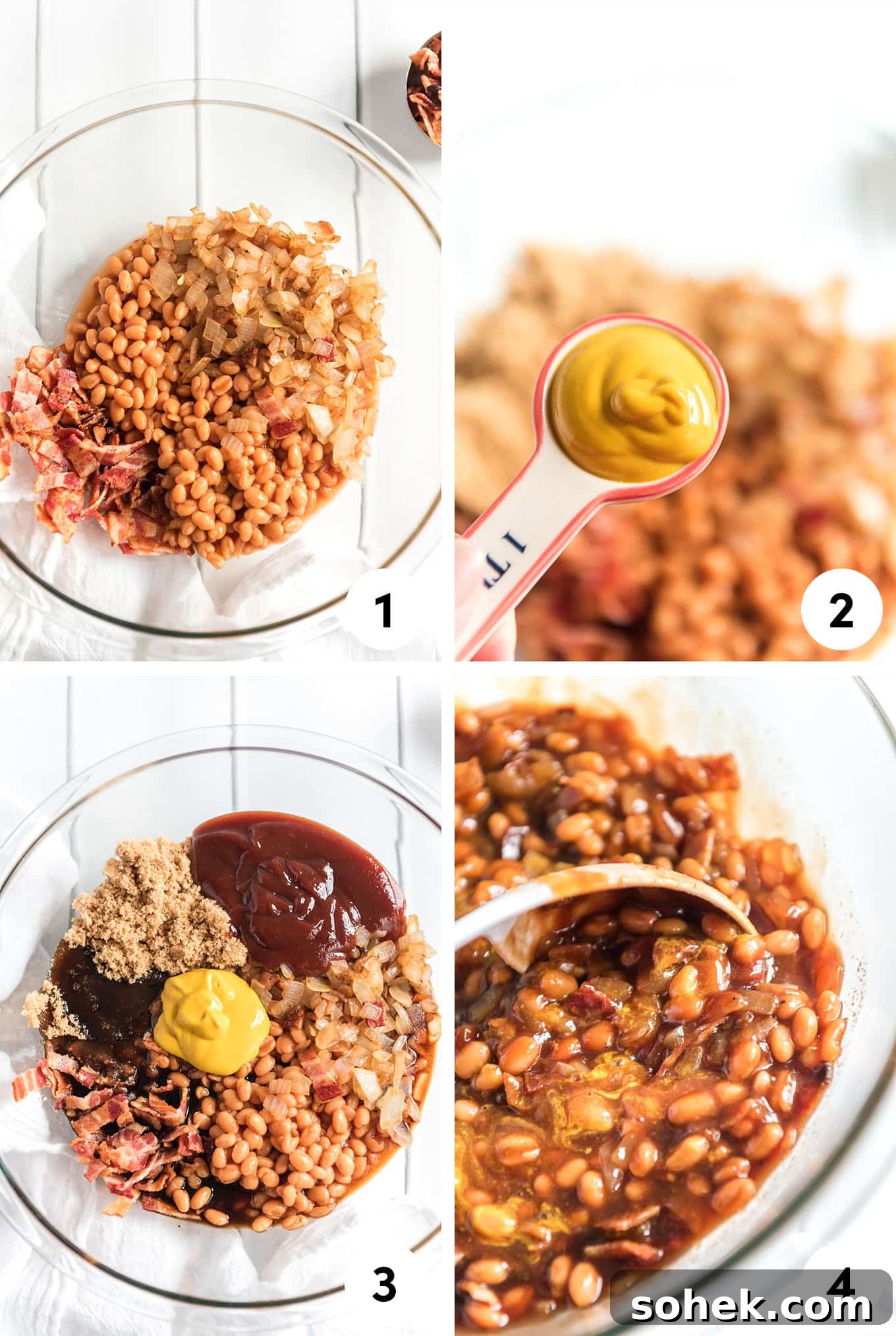 A collage showing the different steps to make bbq baked beans from scratch.