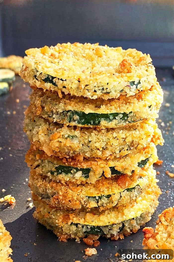 Crispy Oven-Baked Zucchini Chips (One-Pan Recipe) 2 Stack of Easy Oven Baked Zucchini Chips on Baking Tray