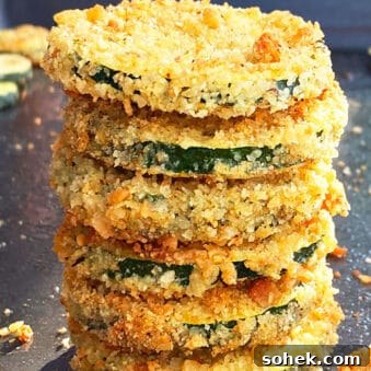 Crispy Oven-Baked Zucchini Chips (One-Pan Recipe) 6 Stack of Easy Oven Baked Zucchini Chips on Baking Tray