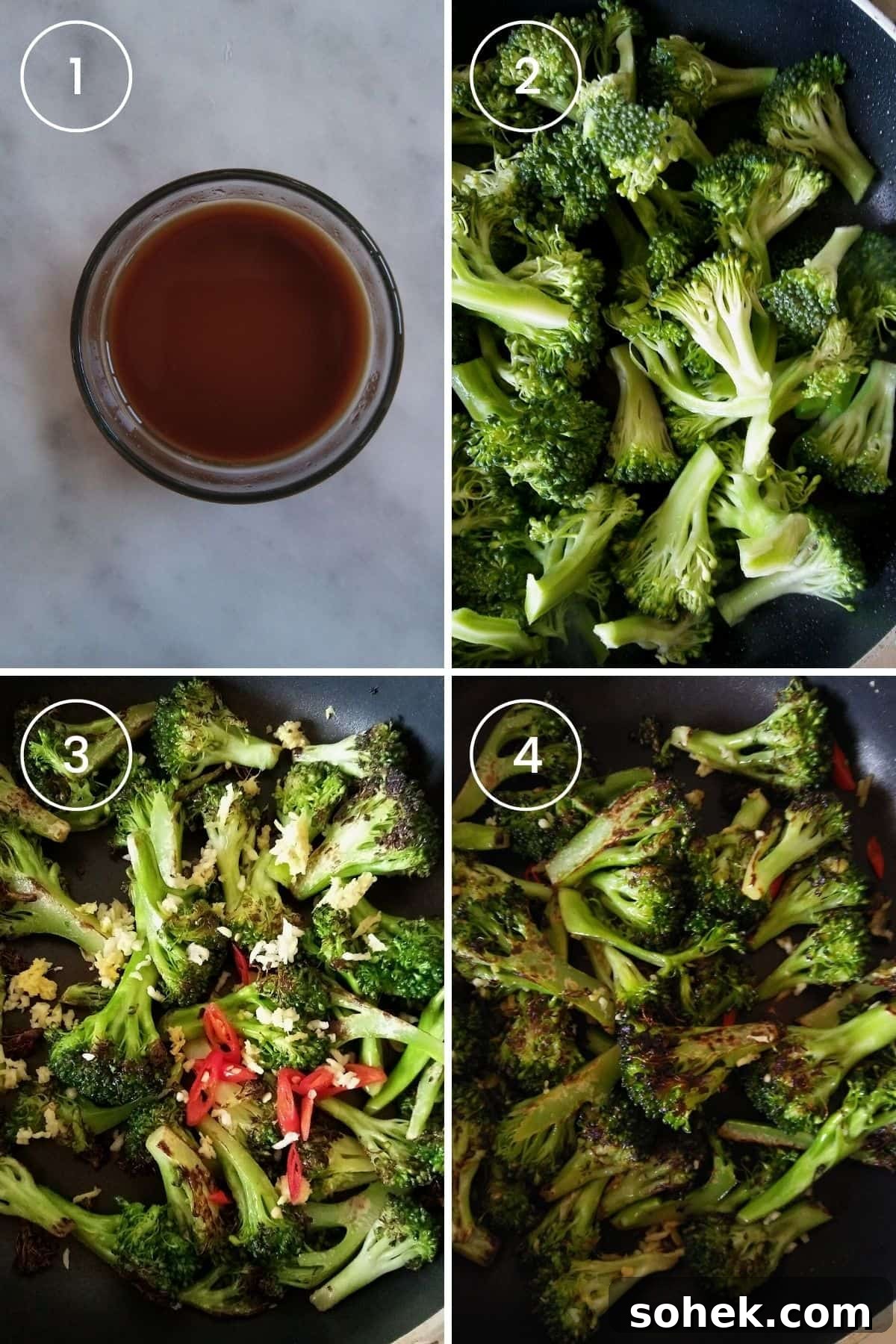 Flavorful Asian Broccoli Stir-Fry with Garlic and Soy Sauce 4 Four images showing preparing the sauce, sautéing broccoli, adding seasoning and sauce, and sautéing everything together.