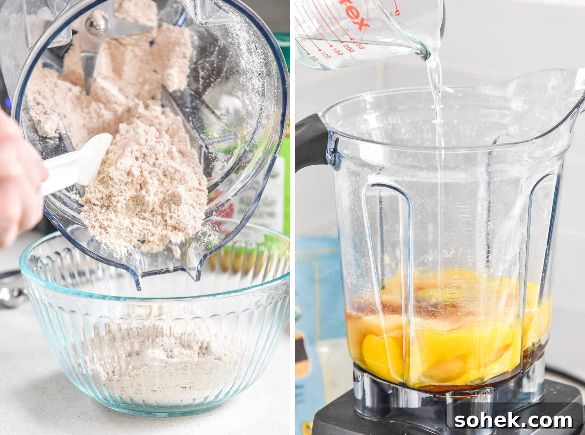 pouring oat flour into a bowl and adding oil to the blender with the wet ingredients