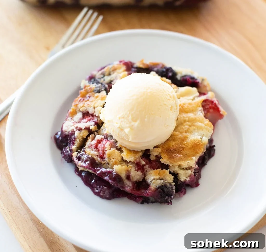Viral Berry Dump Cake Recipe: Quick No-Fuss Dessert PMID 2 A serving of mixed berry crumble topped with a scoop of vanilla ice cream on a white plate. The dessert is set on a wooden surface with a fork and a hint of the larger dish in the background.