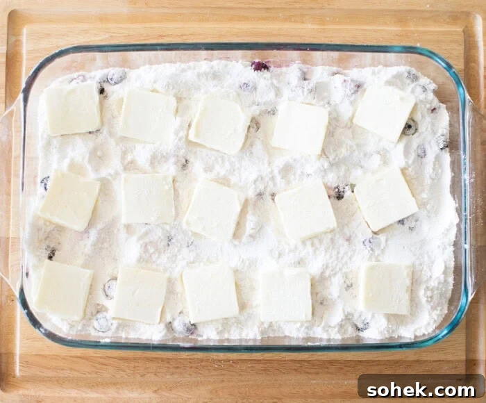 Viral Berry Dump Cake Recipe: Quick No-Fuss Dessert PMID 10 A rectangular glass baking dish filled with a mixture of flour and scattered blueberries. Sixteen evenly spaced, small squares of butter are placed on top. The dish is set on a wooden surface.