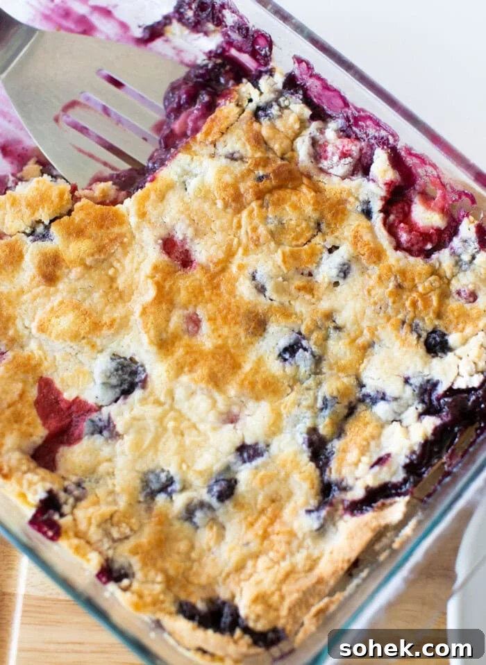 Viral Berry Dump Cake Recipe: Quick No-Fuss Dessert PMID 12 A freshly baked berry cobbler in a glass baking dish, featuring a golden-brown crust with visible blueberries and raspberries peeking through. A metal spatula rests in the dish, ready for serving.