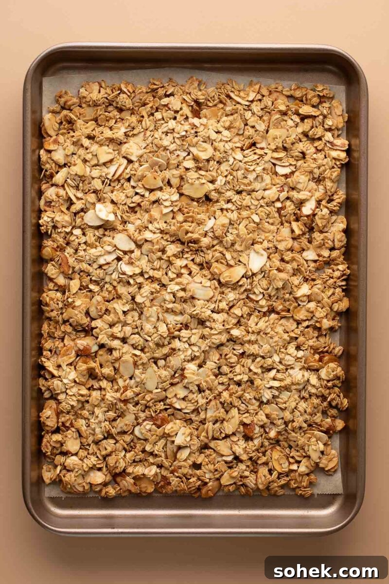 S'mores Granola Bark Recipe — Crunchy Chocolate & Marshmallow Snack 4 granola baked in a flat layer on a sheet pan