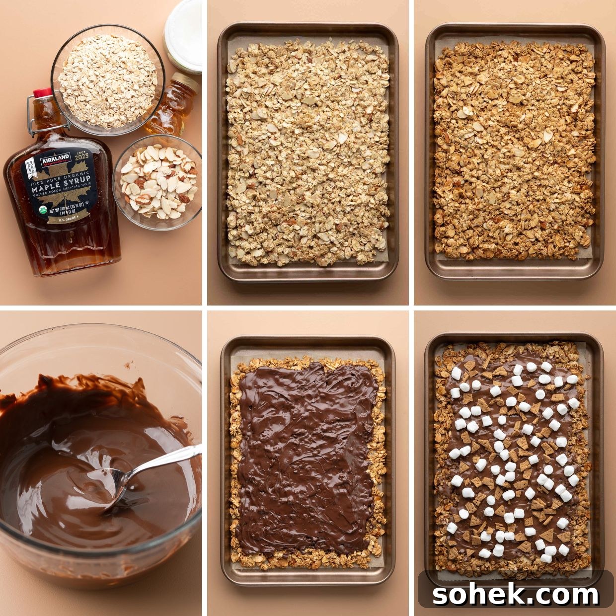 S'mores Granola Bark Recipe — Crunchy Chocolate & Marshmallow Snack 8 step by step process photos of how to make smores granola bark