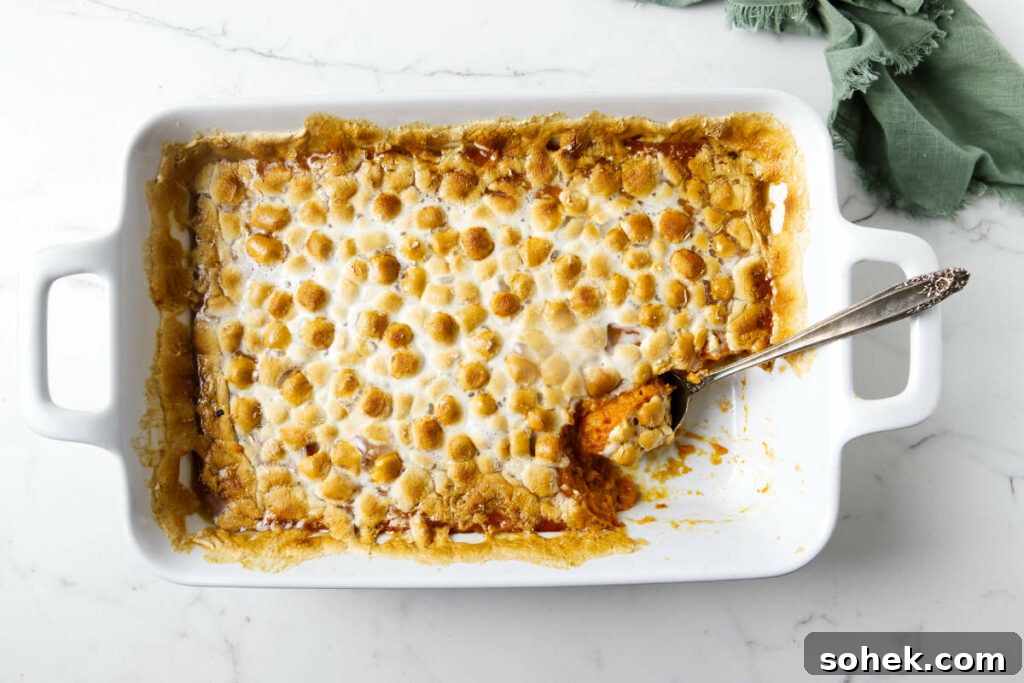A spoon in a casserole dish with marshmallows and sweet potatoes.